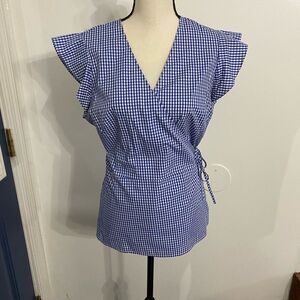 The limited wrap blue and white flutter sleeve check Blouse Size Large